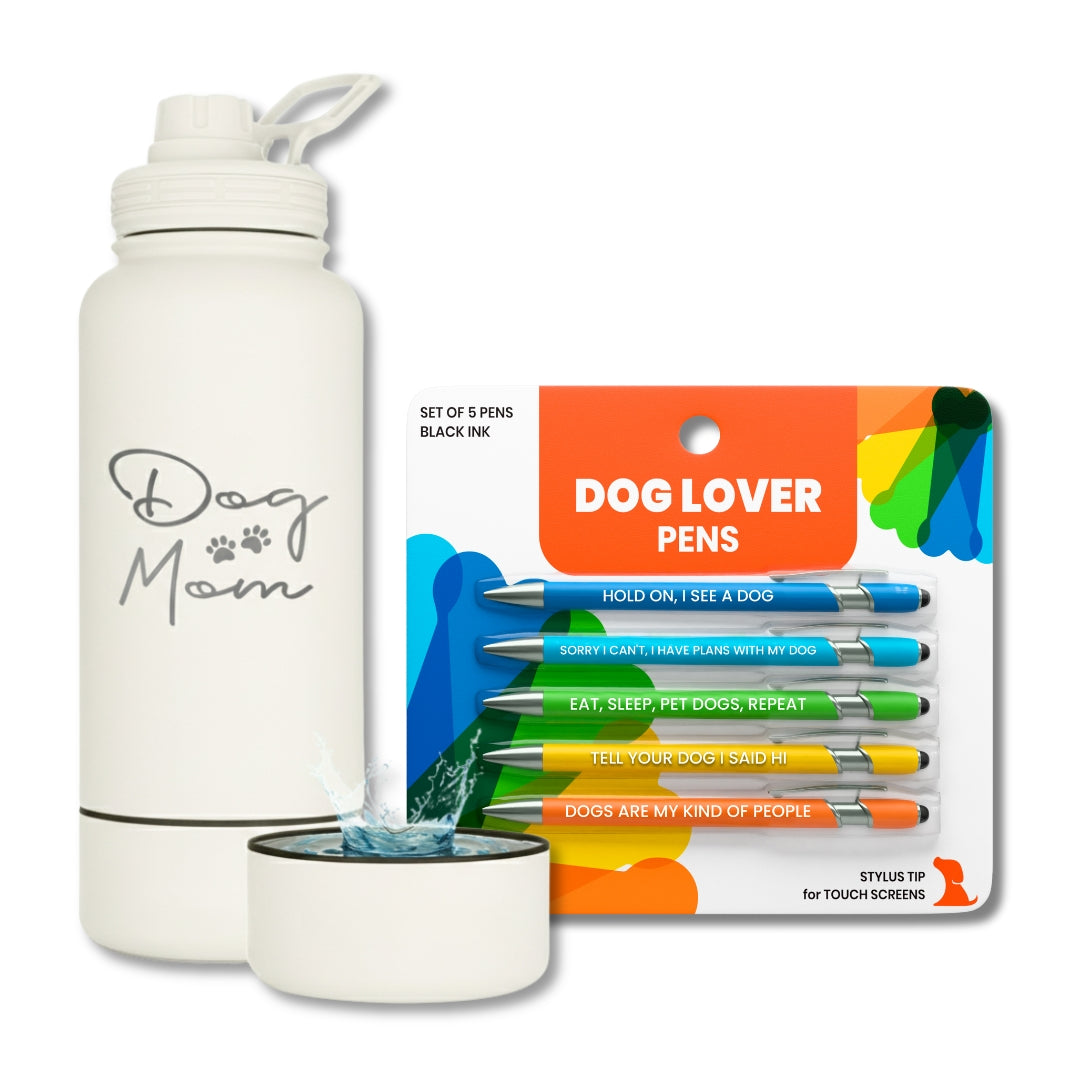 Water Bottle with Dog Bowl & Dog-Themed Stylus Pen Set