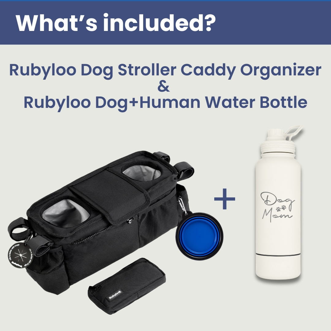 Dog Stroller Caddy Organizer & Water Bottle with Attached Dog Bowl