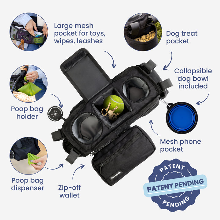 Dog Stroller Caddy Organizer & Water Bottle with Attached Dog Bowl