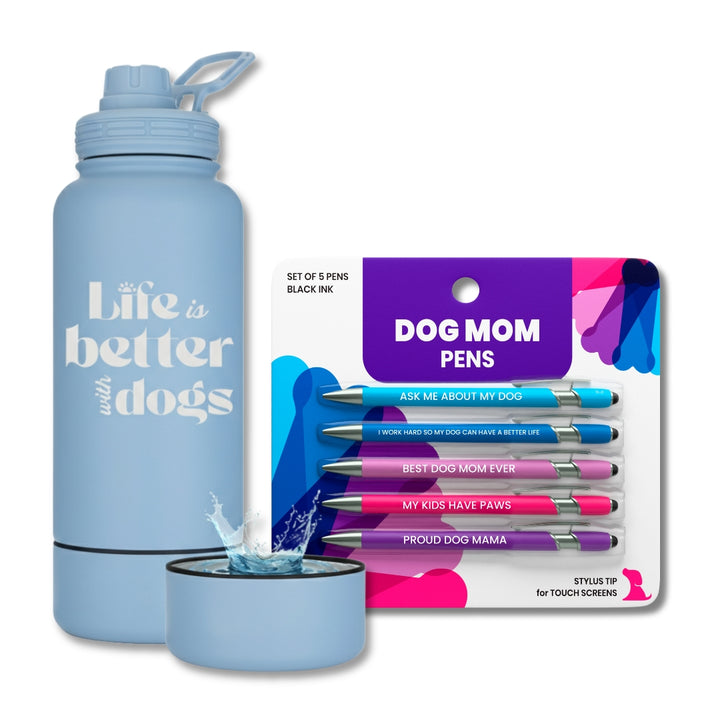 Water Bottle with Dog Bowl & Dog-Themed Stylus Pen Set