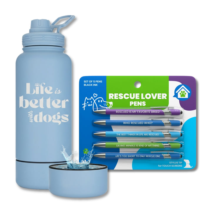 Water Bottle with Dog Bowl & Dog-Themed Stylus Pen Set