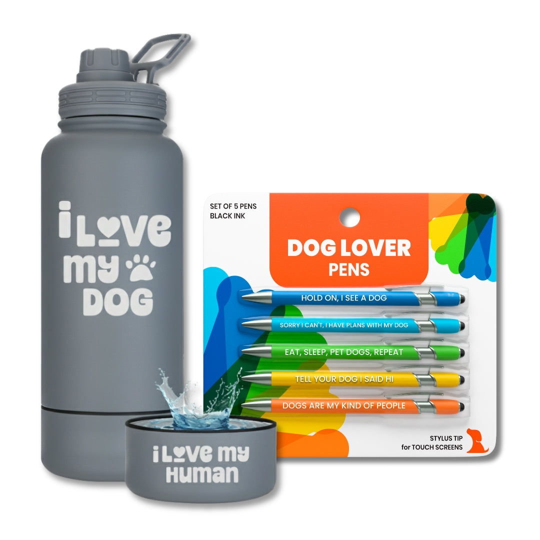 Water Bottle with Dog Bowl & Dog-Themed Stylus Pen Set