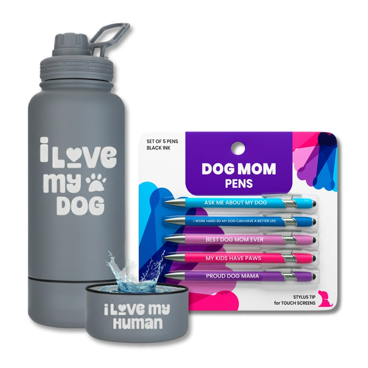 Water Bottle with Dog Bowl & Dog-Themed Stylus Pen Set