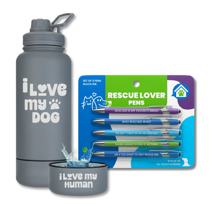 Water Bottle with Dog Bowl & Dog-Themed Stylus Pen Set