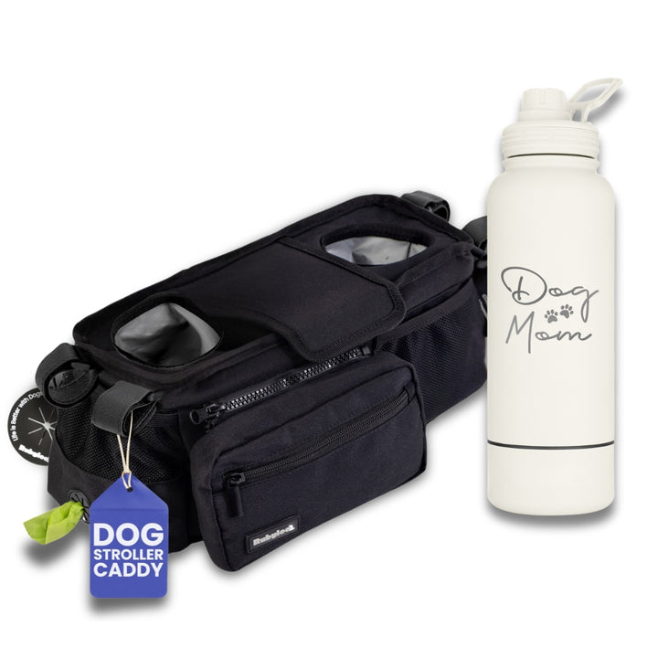 Dog Stroller Caddy Organizer & Water Bottle with Attached Dog Bowl