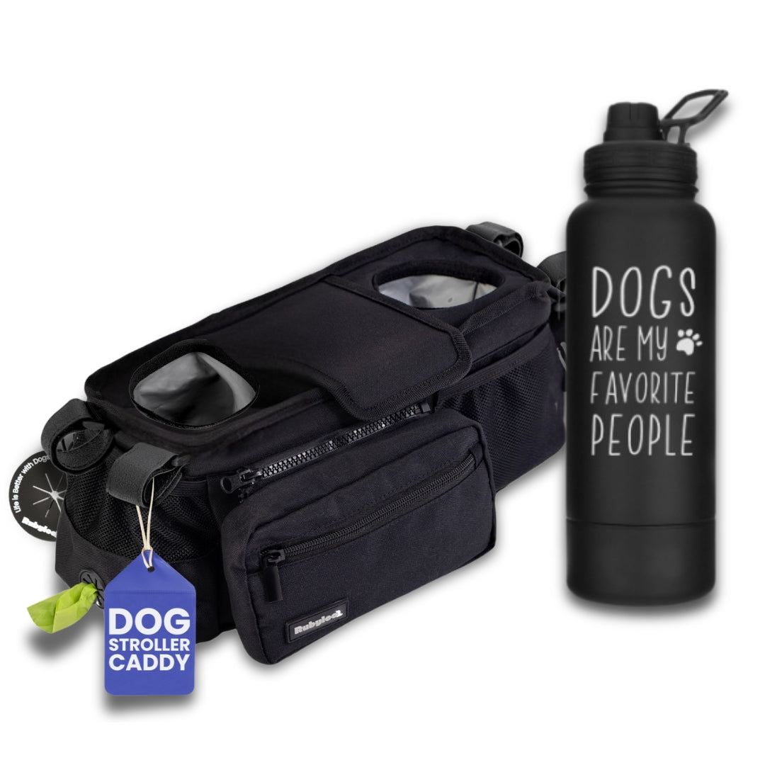 Dog Stroller Caddy Organizer & Water Bottle with Attached Dog Bowl