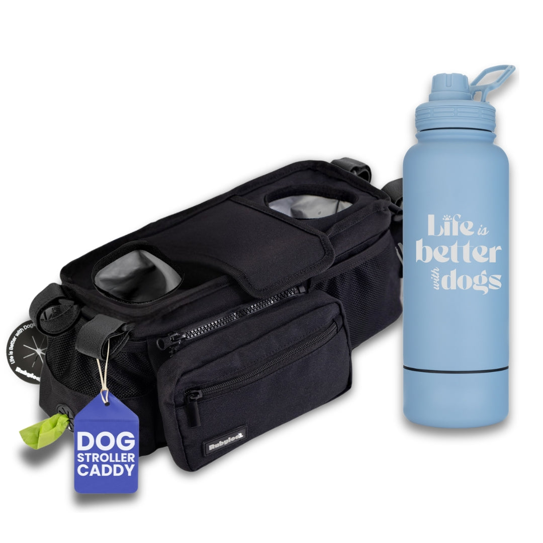 Dog Stroller Caddy Organizer & Water Bottle with Attached Dog Bowl
