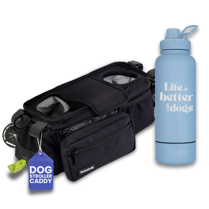Dog Stroller Caddy Organizer & Water Bottle with Attached Dog Bowl