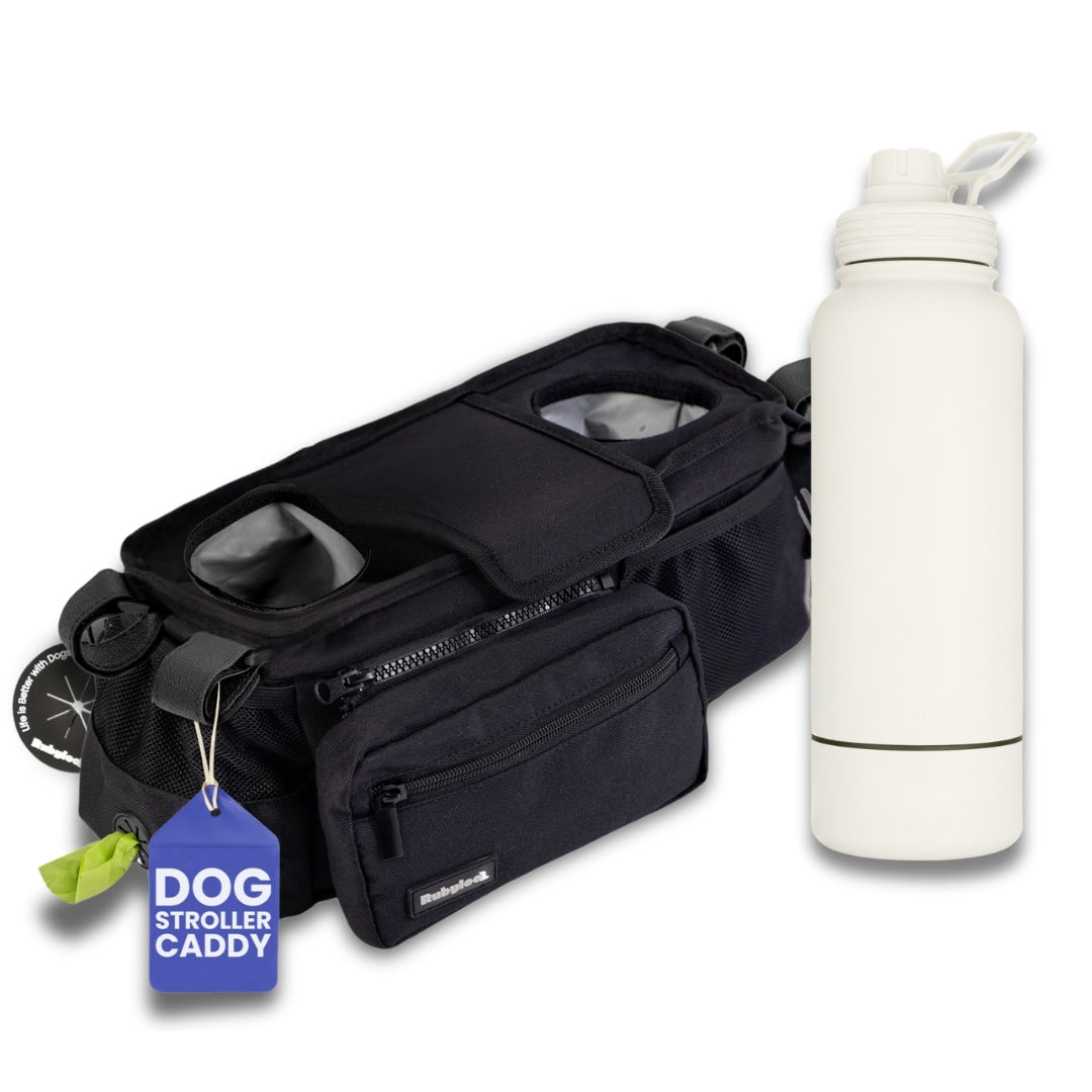 Dog Stroller Caddy Organizer & Water Bottle with Attached Dog Bowl