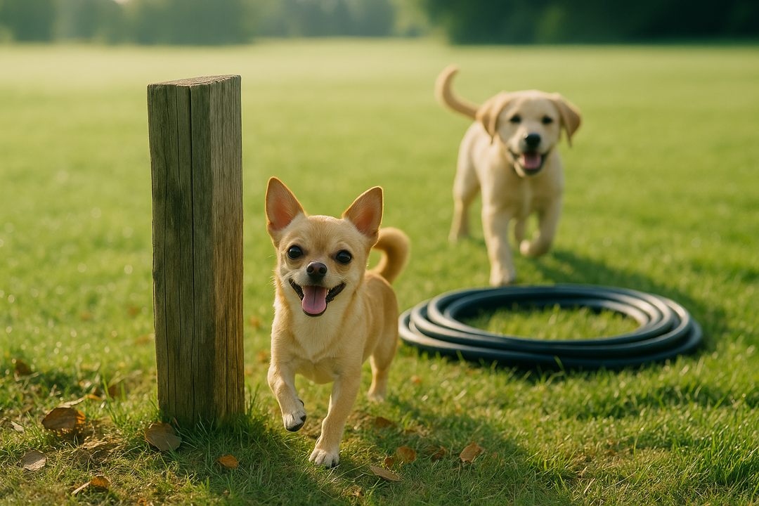 Cheerful tan Chihuahua and playful Labrador pup run on a sun-drenched, tidy lawn near a wooden post and coiled garden hose, demonstrating a dog-proofed yard.