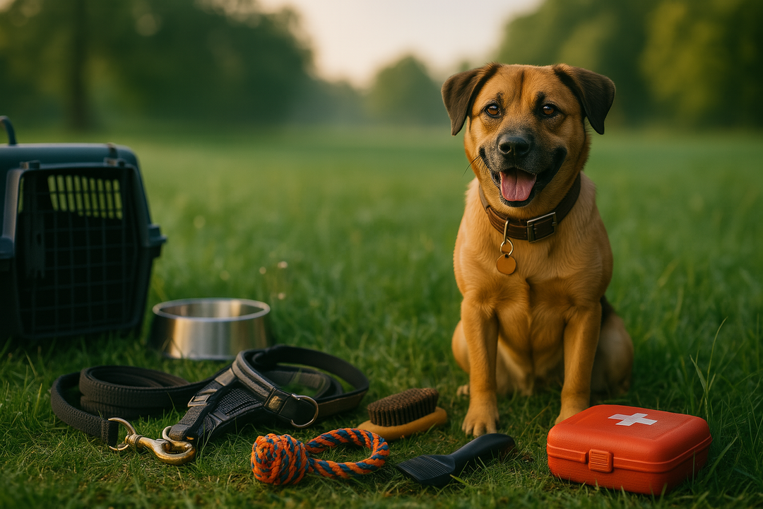 Happy mixed-breed dog sits on grass beside crate, bowl, leash, harness, brush, rope toy, and red first-aid kit—illustrating 2025 dog must-have essentials.