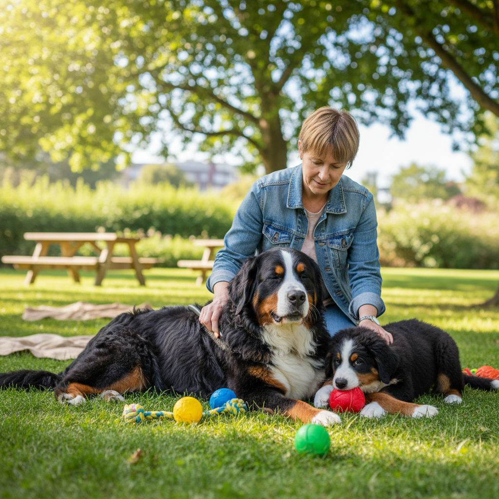 bernese mountain dog and puppy