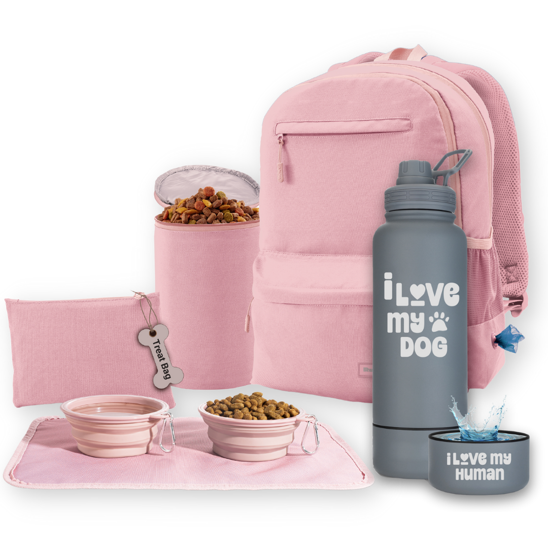 Rubyloo Doggy Bag Backpack & Insulated Water Bottle Set - Dusty Pink Dog Travel Gear With Bowl
