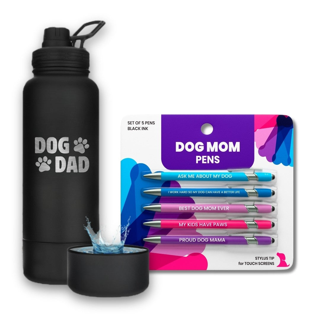 Water Bottle with Dog Bowl & Dog-Themed Stylus Pen Set