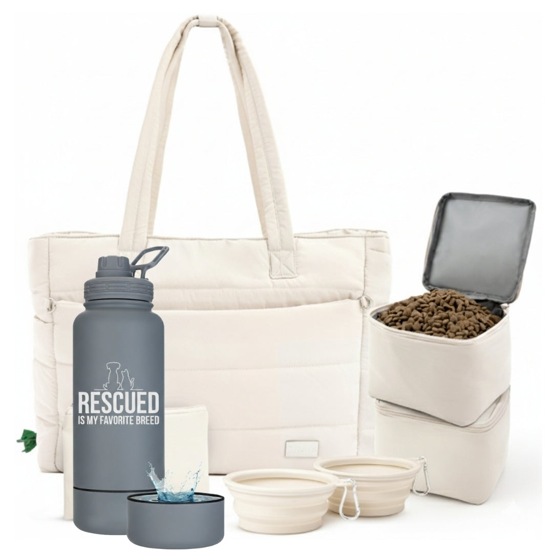 Puffer Dog Travel Bag & Water Bottle with Dog Bowl