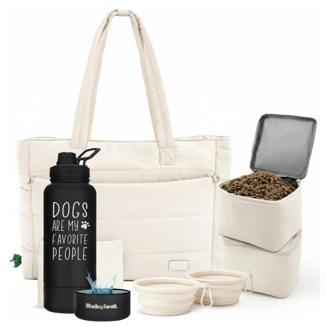 Puffer Dog Travel Bag & Water Bottle with Dog Bowl