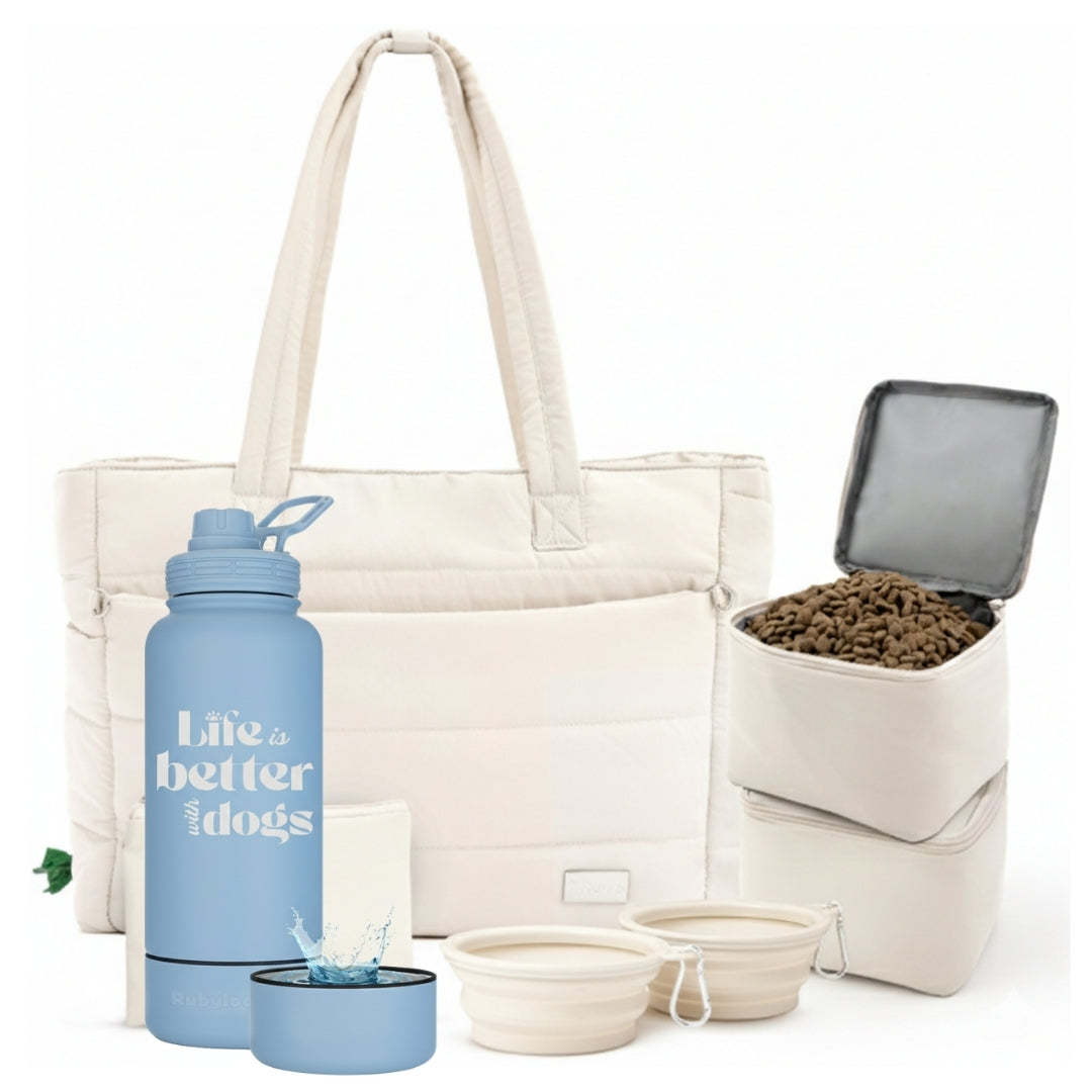 Puffer Dog Travel Bag & Water Bottle with Dog Bowl