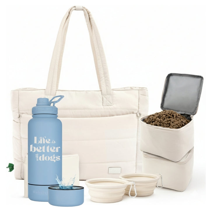 Puffer Dog Travel Bag & Water Bottle with Dog Bowl