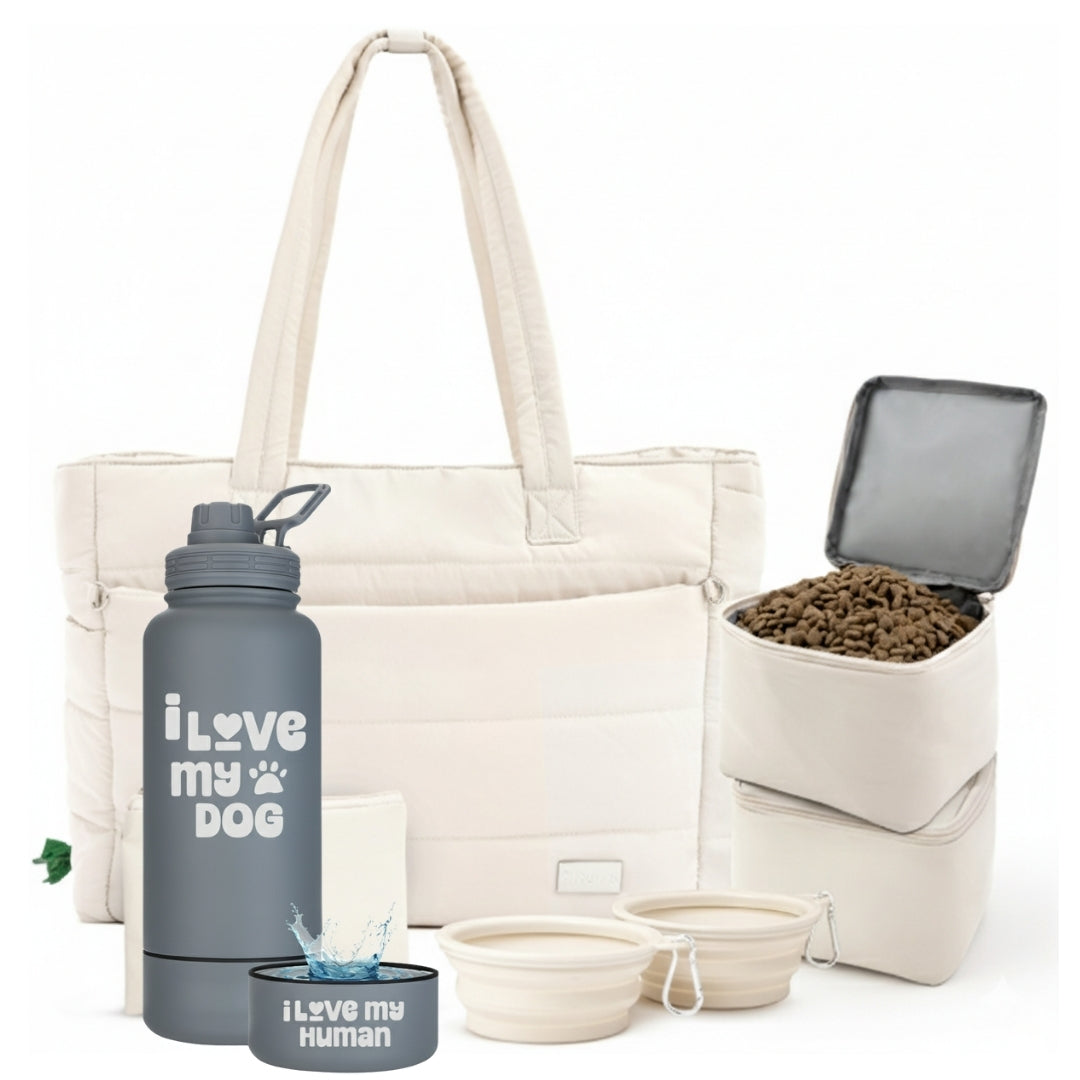Puffer Dog Travel Bag & Water Bottle with Dog Bowl