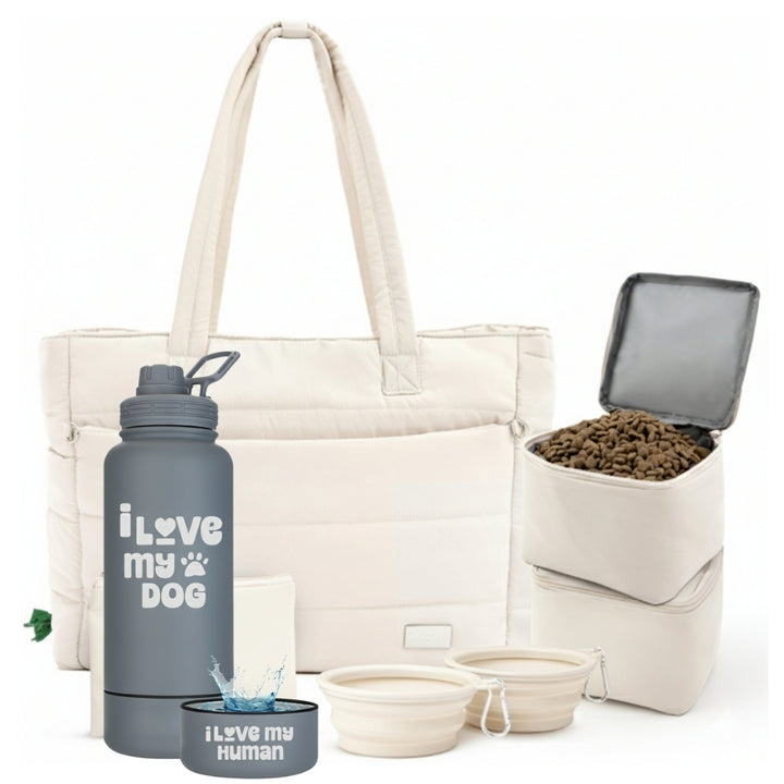 Puffer Dog Travel Bag & Water Bottle with Dog Bowl