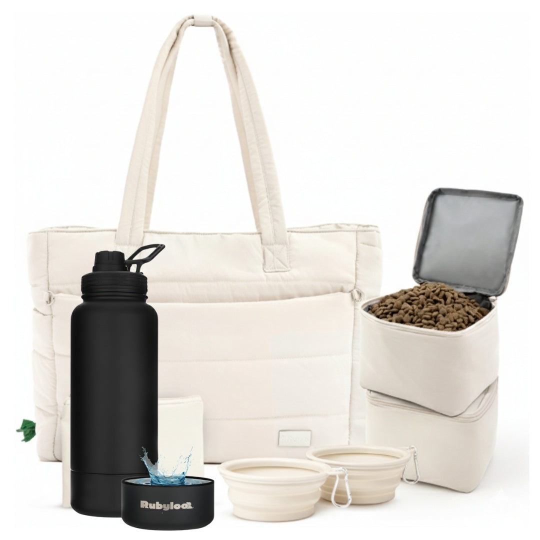 Puffer Dog Travel Bag & Water Bottle with Dog Bowl