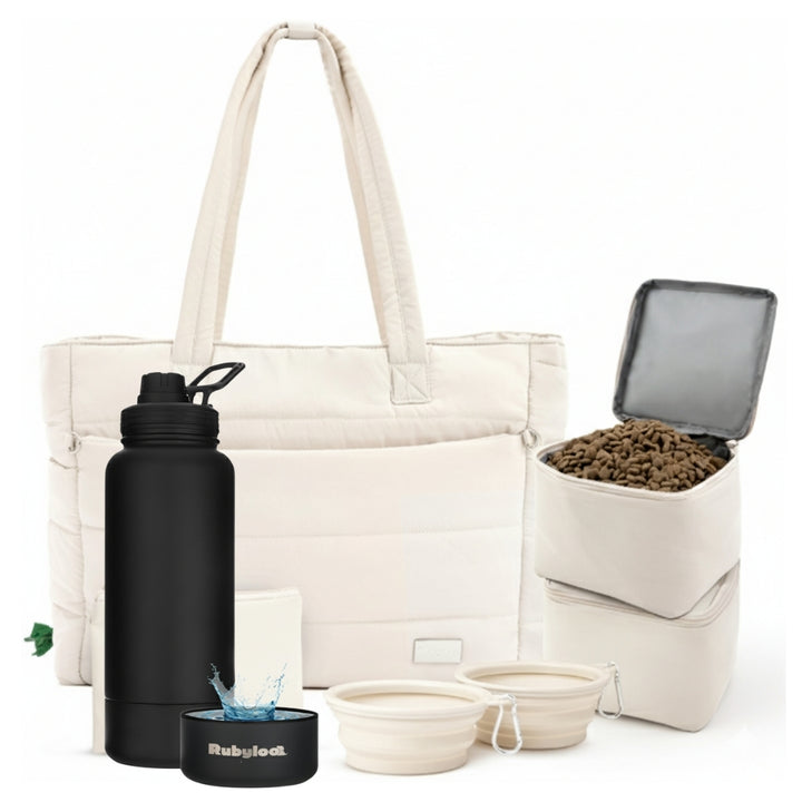 Puffer Dog Travel Bag & Water Bottle with Dog Bowl