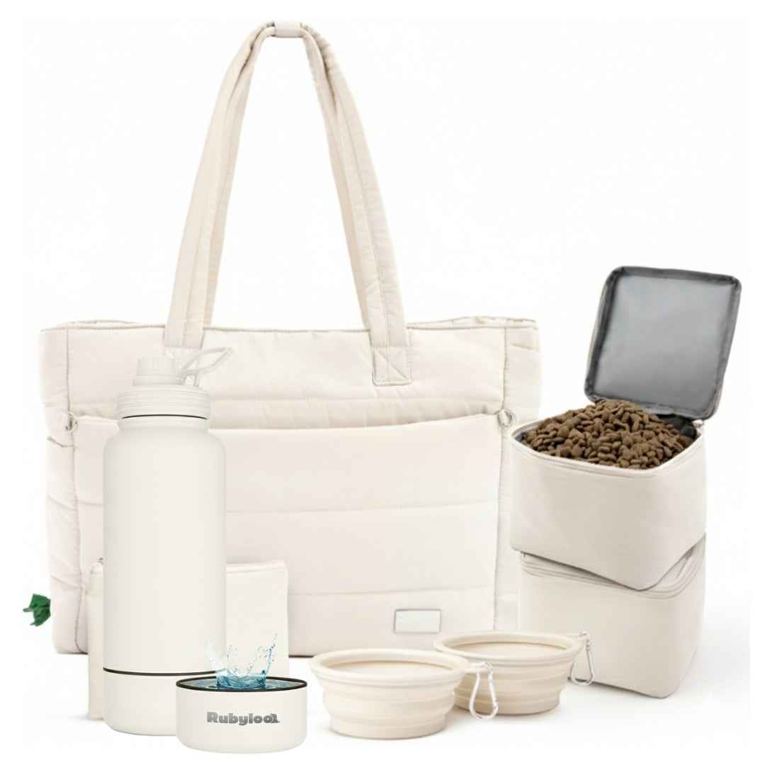 Puffer Dog Travel Bag & Water Bottle with Dog Bowl