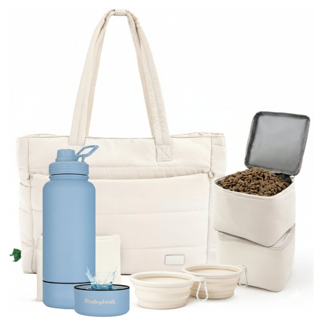Puffer Dog Travel Bag & Water Bottle with Dog Bowl