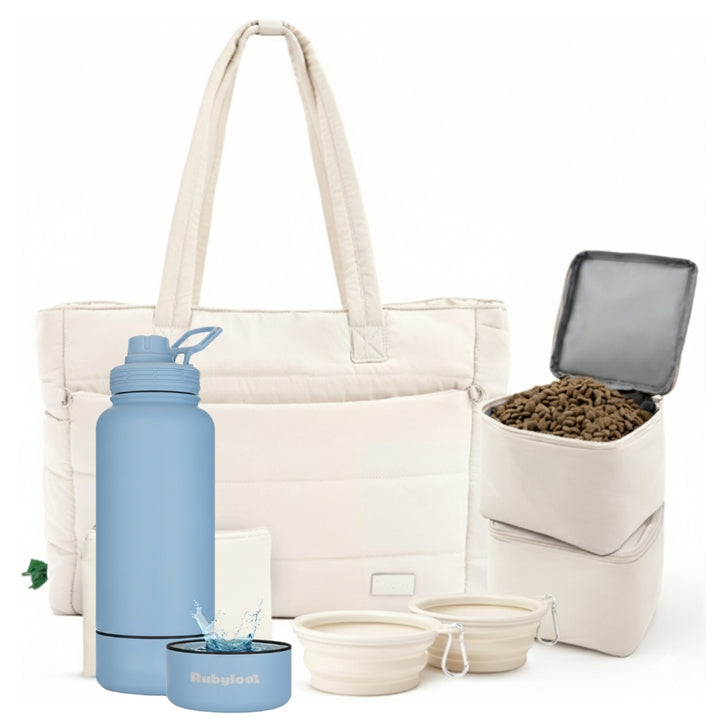 Puffer Dog Travel Bag & Water Bottle with Dog Bowl