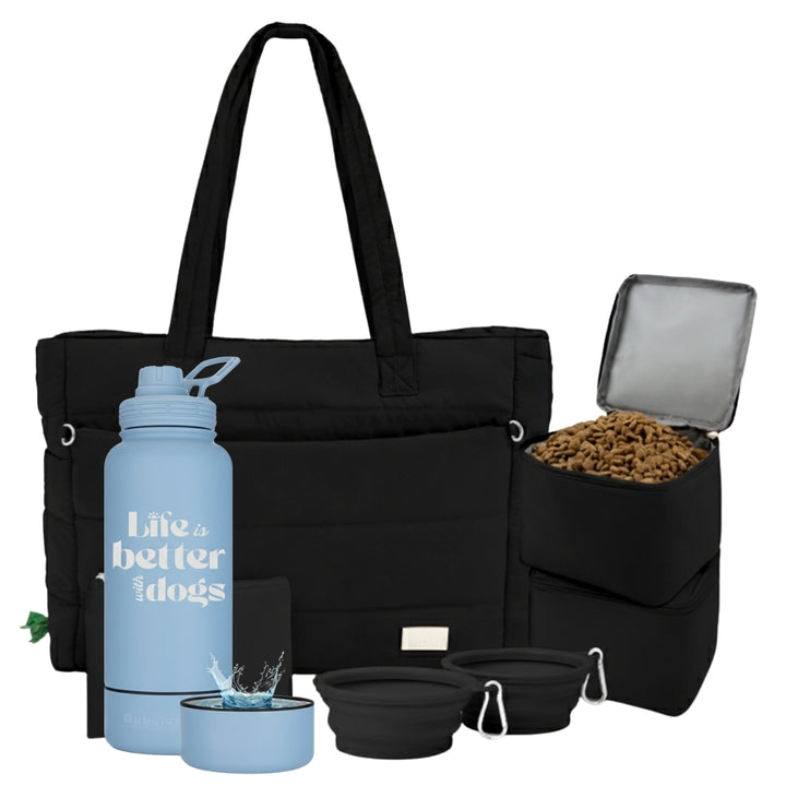 Puffer Dog Travel Bag & Water Bottle with Dog Bowl