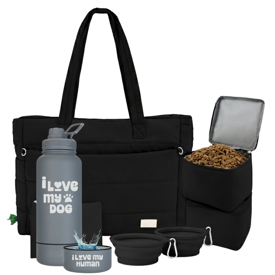 Puffer Dog Travel Bag & Water Bottle with Dog Bowl