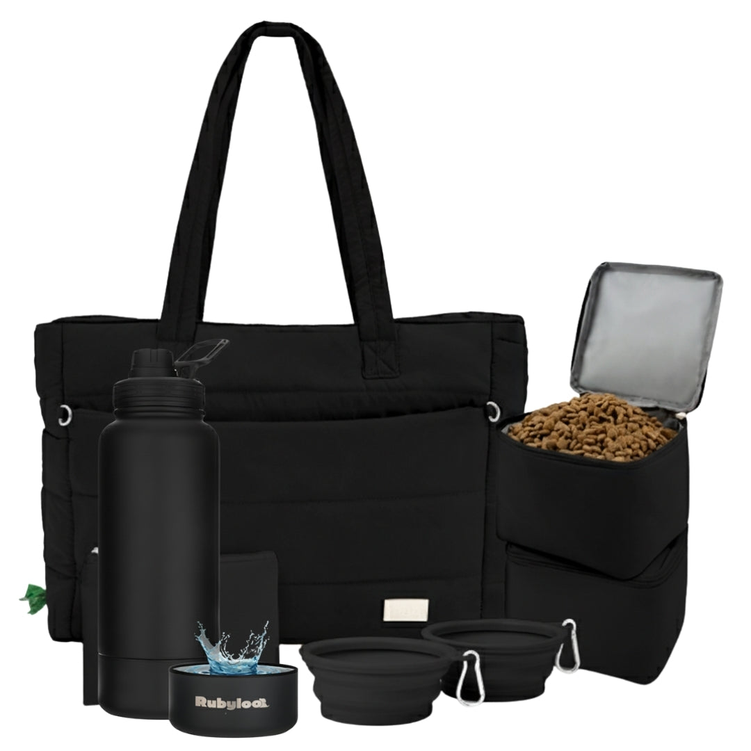 Puffer Dog Travel Bag & Water Bottle with Dog Bowl