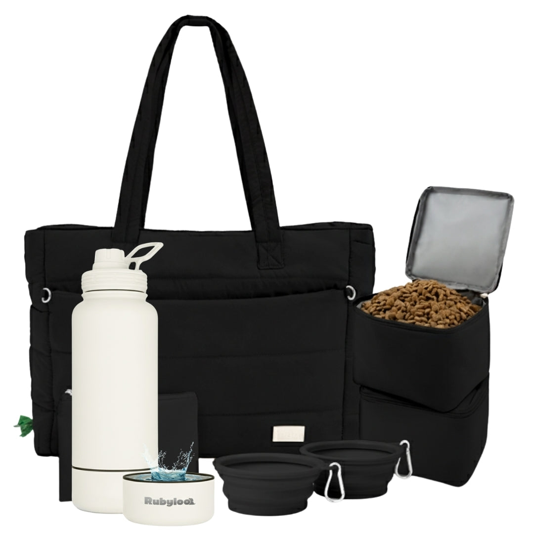 Puffer Dog Travel Bag & Water Bottle with Dog Bowl
