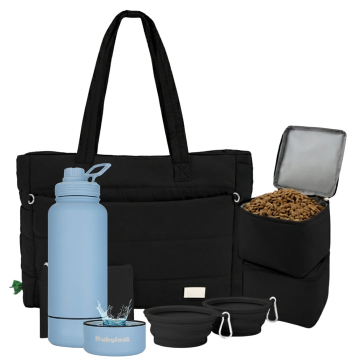 Puffer Dog Travel Bag & Water Bottle with Dog Bowl