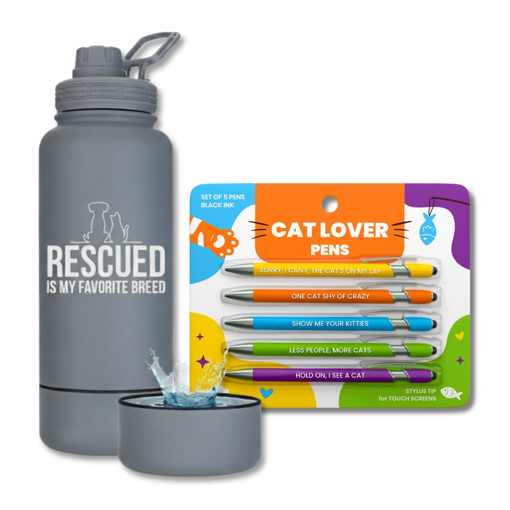 Water Bottle with Dog Bowl & Cat-Themed Stylus Pen Set