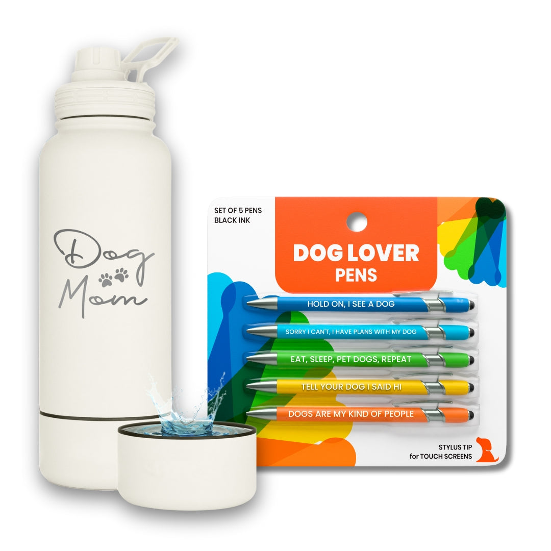 Water Bottle with Dog Bowl & Dog-Themed Stylus Pen Set