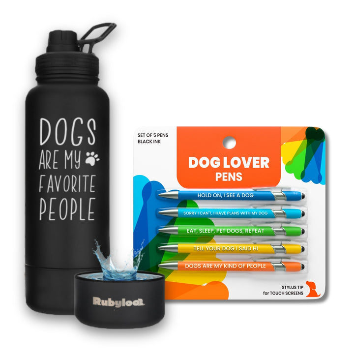 Water Bottle with Dog Bowl & Dog-Themed Stylus Pen Set