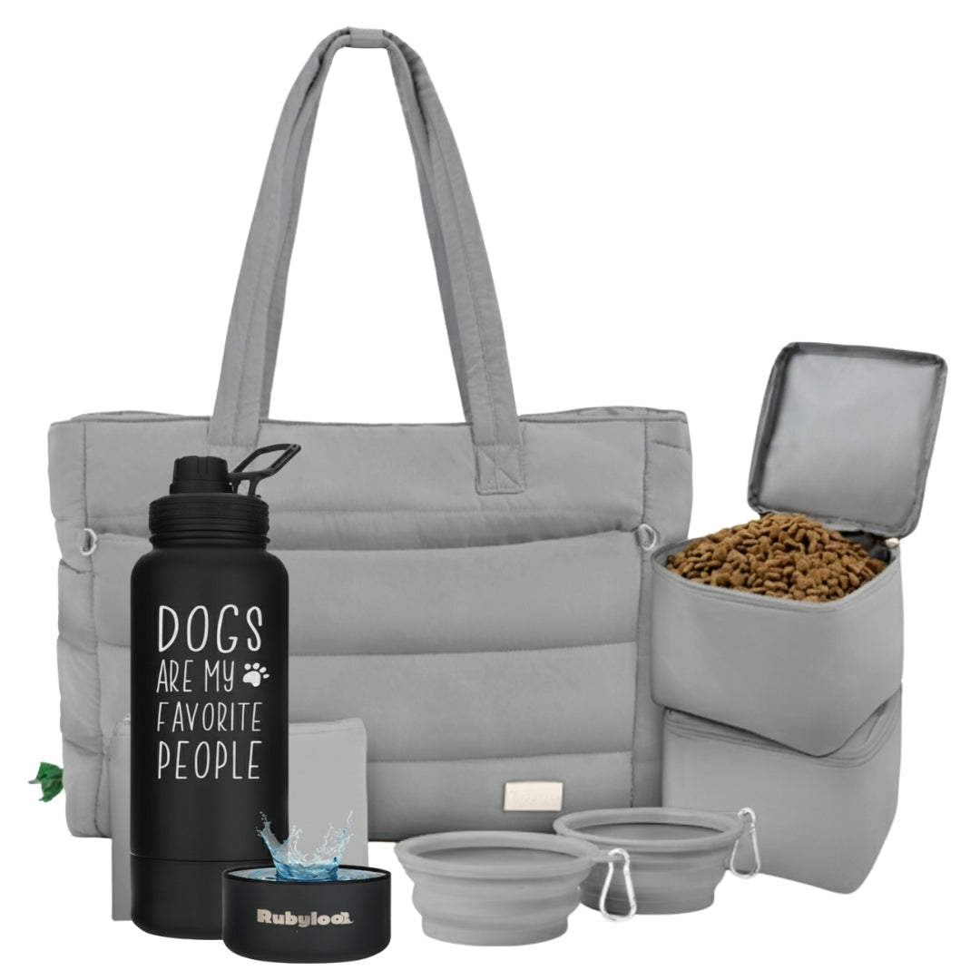 Puffer Dog Travel Bag & Water Bottle with Dog Bowl