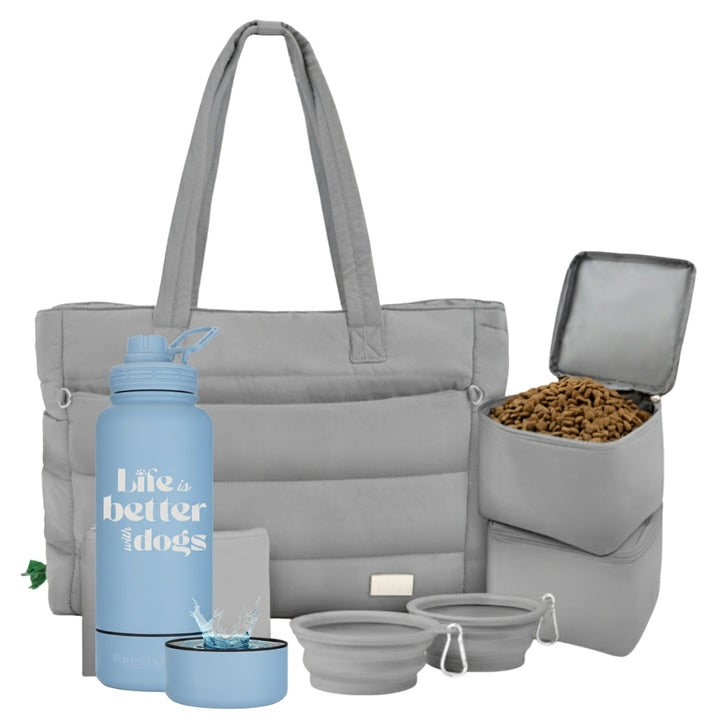 Puffer Dog Travel Bag & Water Bottle with Dog Bowl