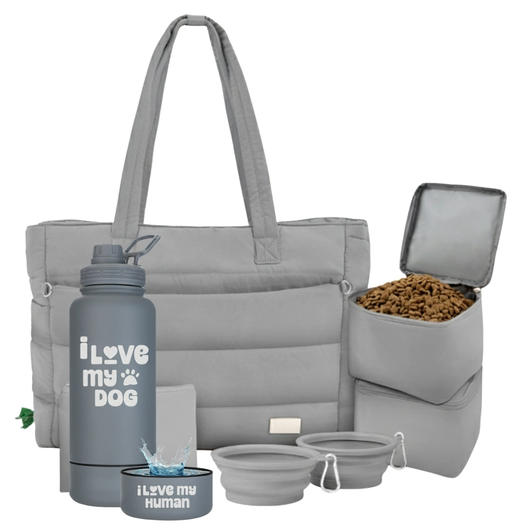 Puffer Dog Travel Bag & Water Bottle with Dog Bowl