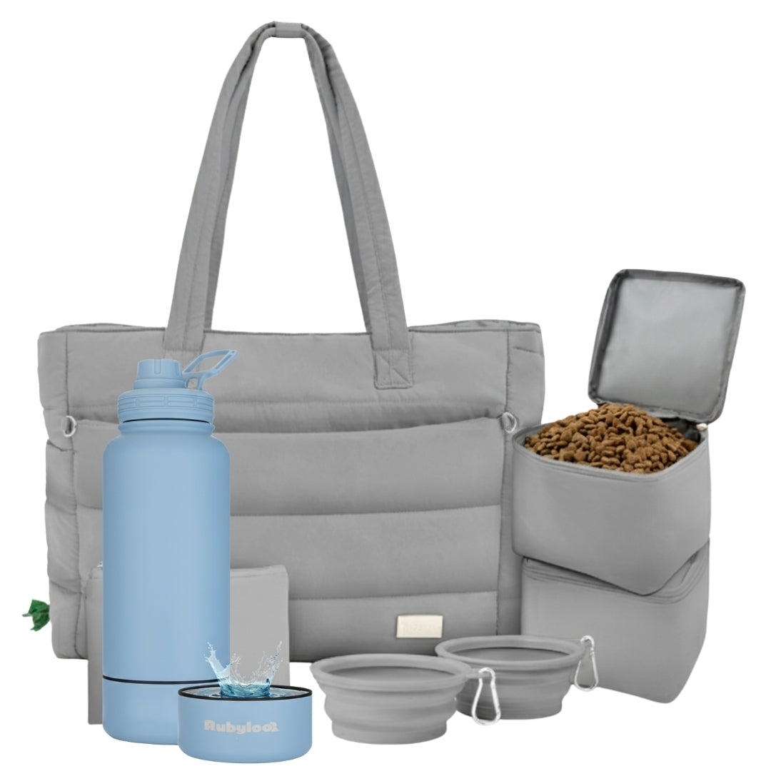Puffer Dog Travel Bag & Water Bottle with Dog Bowl