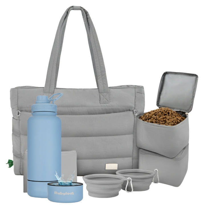Puffer Dog Travel Bag & Water Bottle with Dog Bowl
