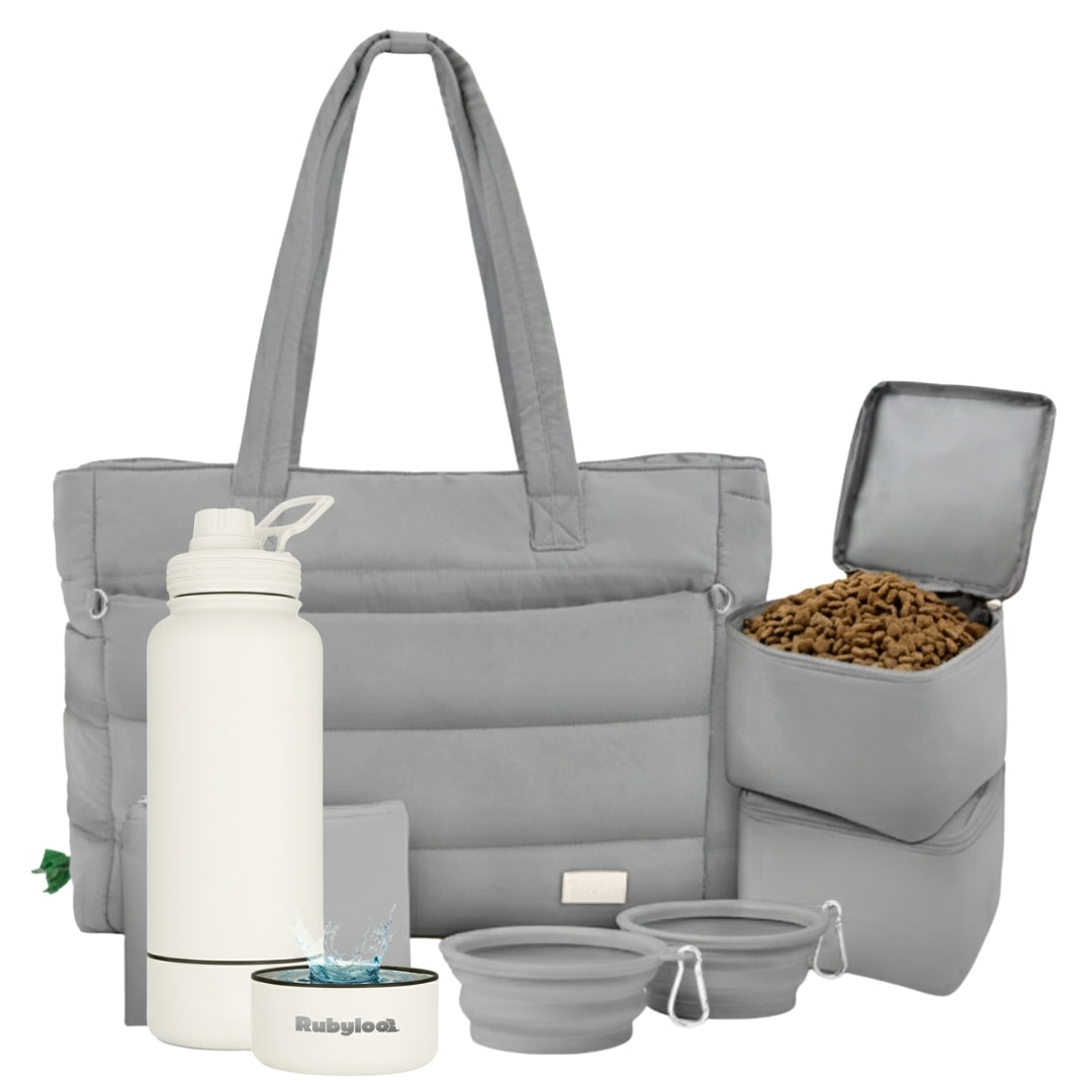 Puffer Dog Travel Bag & Water Bottle with Dog Bowl