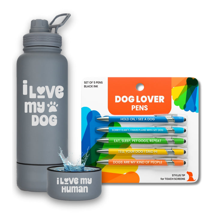 Water Bottle with Dog Bowl & Dog-Themed Stylus Pen Set