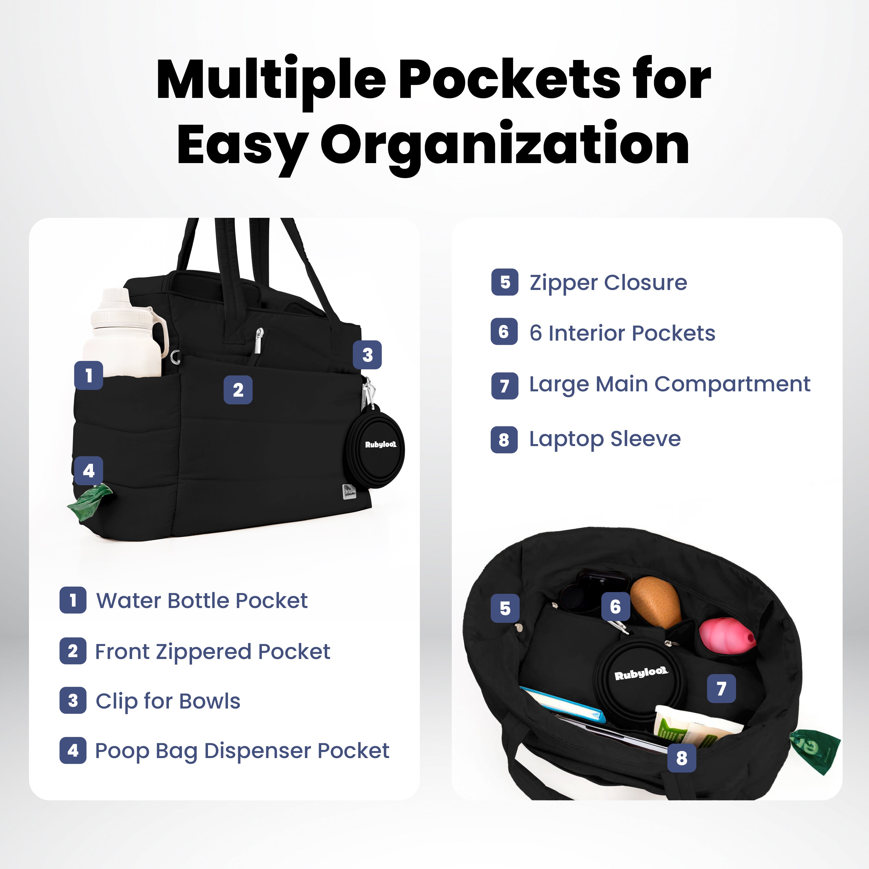 Dog Mom Bag: Puffer Dog Travel Bag with 9 Pockets | Rubyloo