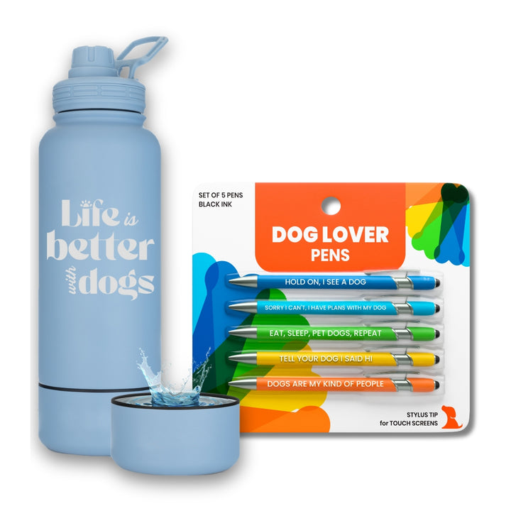 Water Bottle with Dog Bowl & Dog-Themed Stylus Pen Set