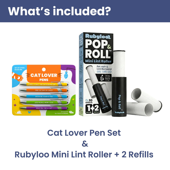 Cat-Themed Stylus Pen Sets & Mini Lint Roller for Pet Hair with 2 Refills