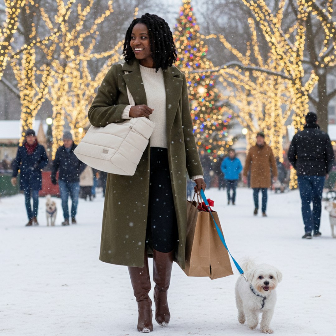 Woman walking a dog in a snowy park with Christmas lights in the background