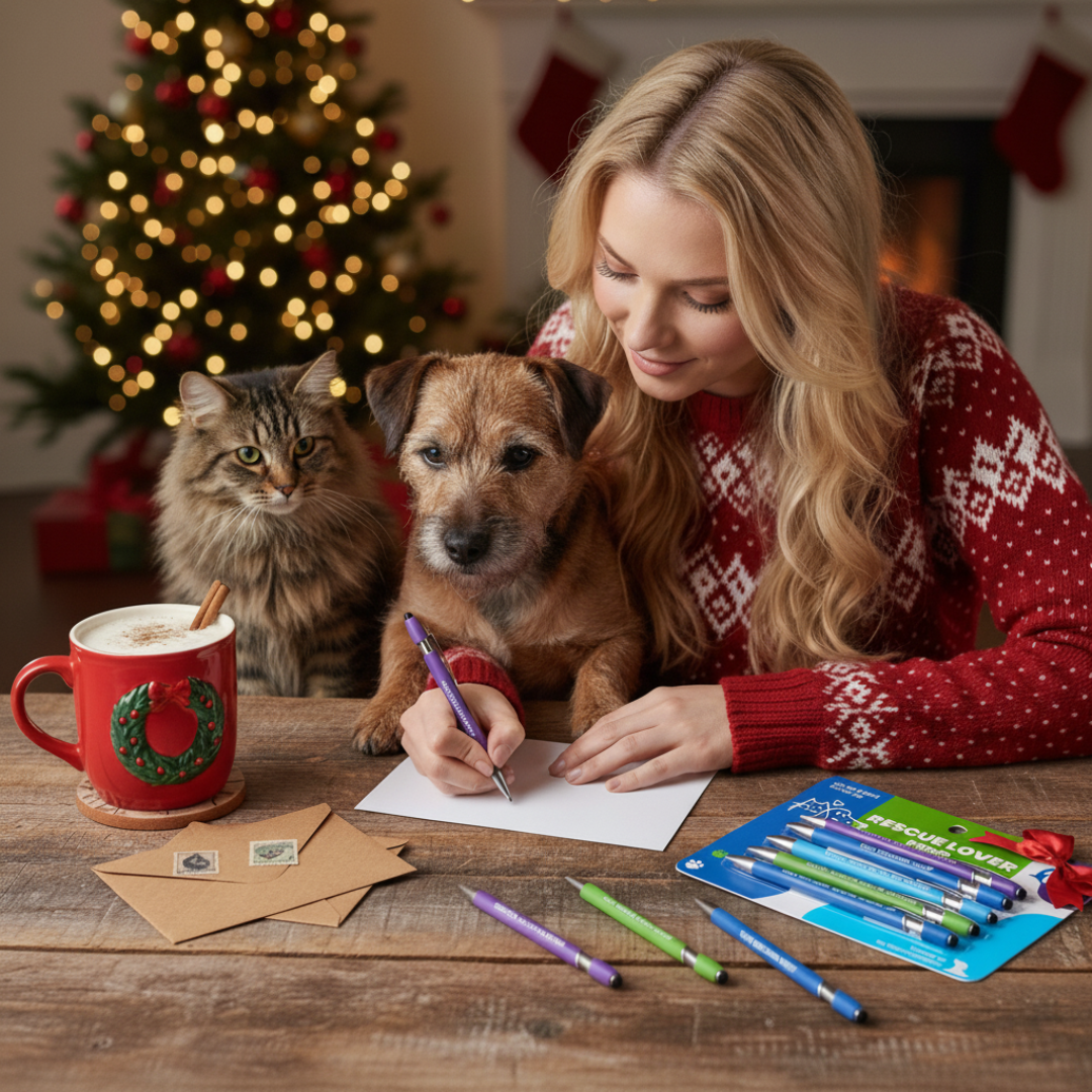 Woman in a festive sweater writing a letter with a dog and cat on a table, Christmas tree and decorations in the background.