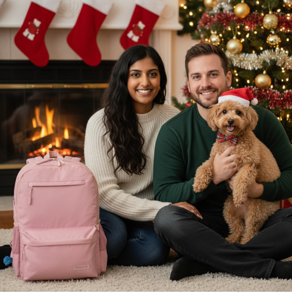 Couple with a dog in front of a Christmas tree and fireplace, with a pink backpack on the floor.